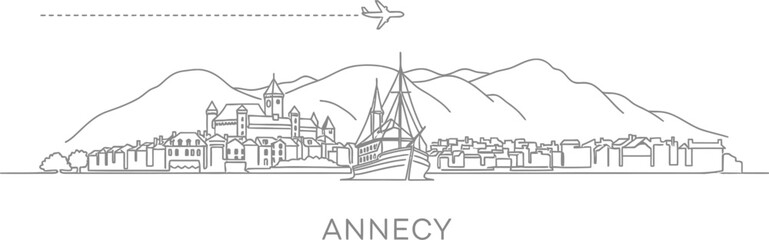 Naklejka premium Annecy France Skyline with Airplane and Mountains Line Art