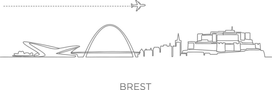 Minimalist Brest Skyline with Airplane and Dash Line