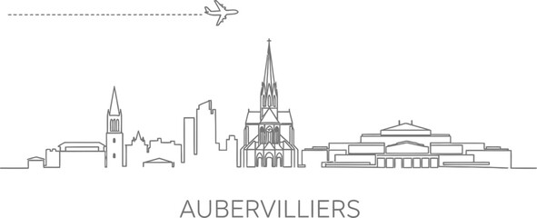 Aubervilliers Skyline Cityscape Outline with Airplane