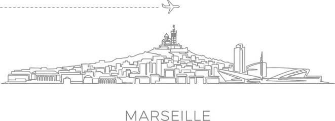 Obraz premium Marseille Cityscape Line Art with Airplane and Dash Line