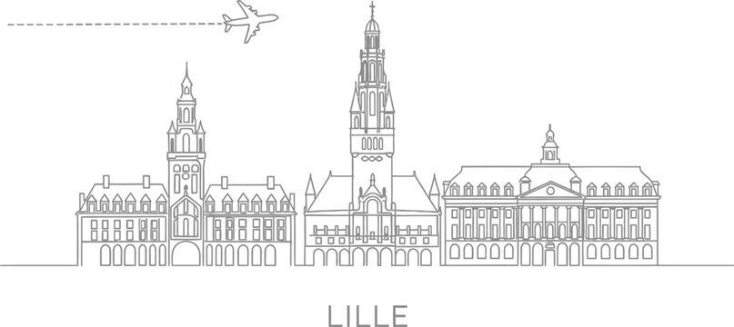 Lille Skyline Line Art with Airplane