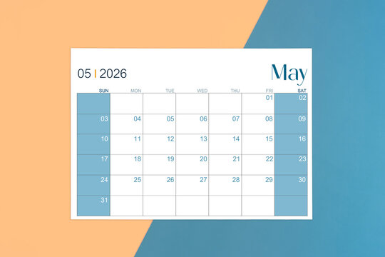 May 2026 calendar page on yellow and blue color background. - Powered by Adobe