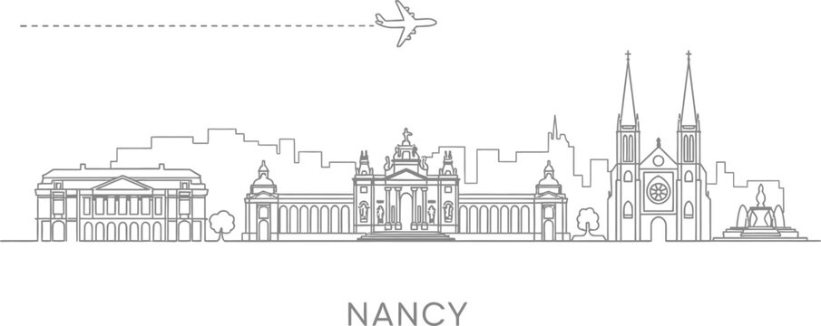 Nancy skyline with airplane and dashed flight path