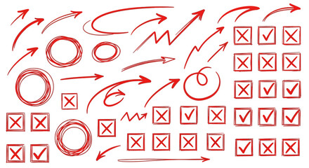 Collection of hand drawn red arrows circles checkmarks and xs doodle elements for design and planning
