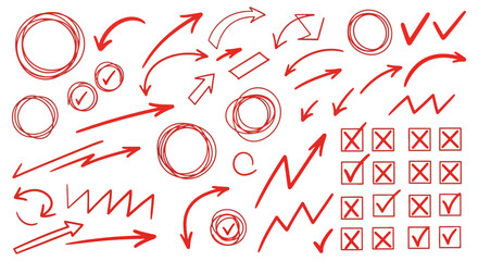 Collection of hand drawn red arrows circles checkmarks and x marks isolated on white background
