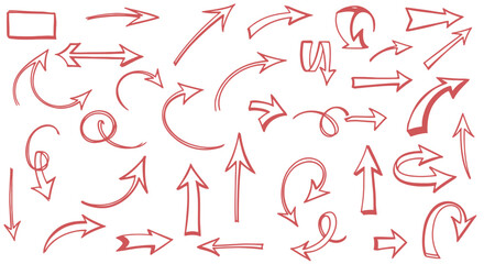Collection of hand drawn red arrows and symbols on a white background for design and illustration