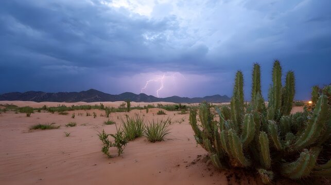 Dramatic desert landscape under a stormy twilight sky with lightning illuminating distant mountains and a prominent cactus - Powered by Adobe