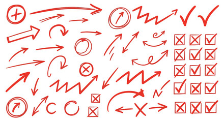 Collection of hand drawn red arrows checkmarks crosses circles and plus signs on white background