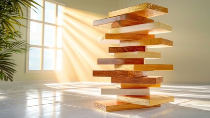Stacked Wooden Blocks with Sunlight Streaming Through Window