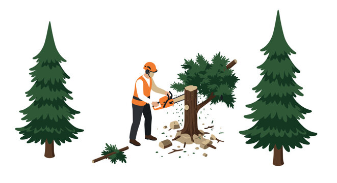Lumberjack in safety gear cutting tree with chainsaw and evergreen trees in isometric style
