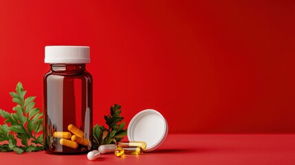 Brown glass bottle with capsules and green leaves on red background