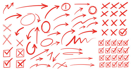 Collection of hand drawn red arrows circles xs and checkmarks on white background