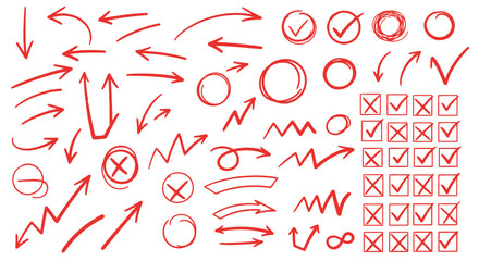 Collection of red hand drawn arrows circles checkmarks and x marks on white background