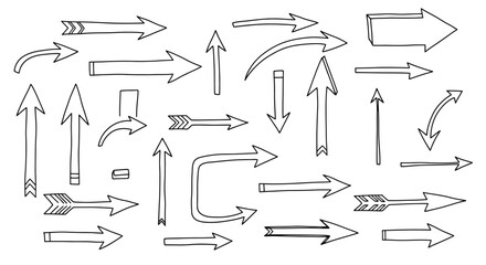 Collection of hand drawn arrows in various styles and directions on a white background
