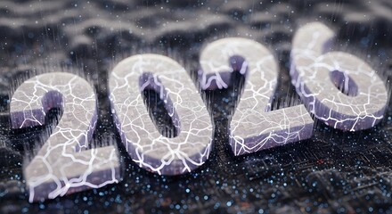 Abstract digital rendering of the year 2026, featuring cracked glowing numbers and futuristic particles on a dark, circuit-like surface.