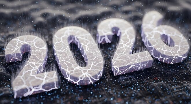 Abstract digital rendering of the year 2026, featuring cracked glowing numbers and futuristic particles on a dark, circuit-like surface.