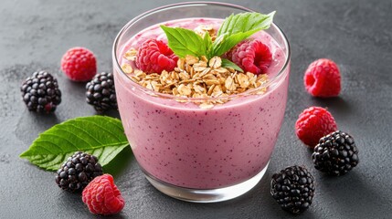 Fresh Berry Smoothie Bowl with Granola and Mint Garnish
