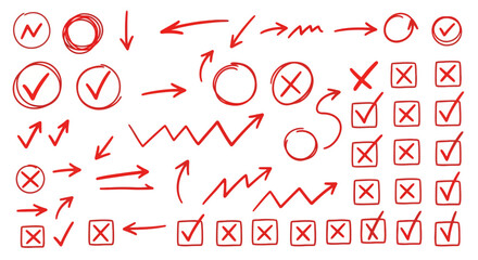 Collection of hand drawn red checkmarks circles arrows and xs on white background