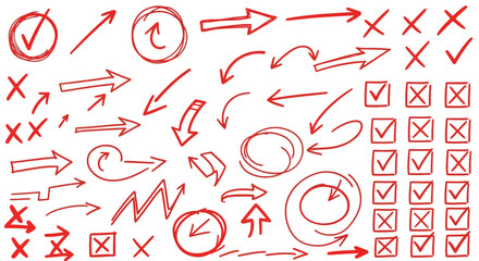 Collection of hand drawn red arrows checkmarks circles and crosses on white background