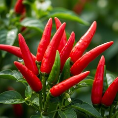 Vibrant Red Chili Peppers Growing on a Plant in a Garden.