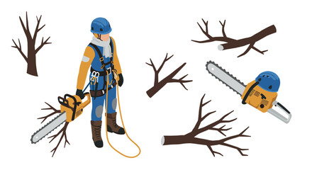 Isometric lumberjack with chainsaw and tree branches for forestry and logging design