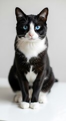 Striking Tuxedo Cat with Heterochromia Stares Intently.
