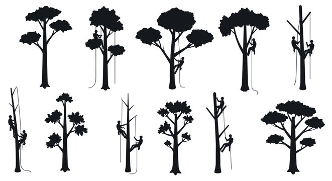 Silhouette climbers on trees depicting adventure and nature enthusiasts in simple style