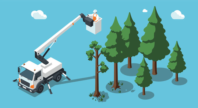 Isometric arborist in lift truck trimming trees in forest setting on clear day