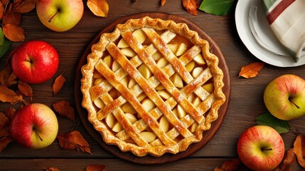 Freshly Baked Apple Pie with Lattice Crust and Autumn Decor