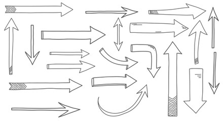 Collection of hand drawn sketch arrows pointing in various directions and styles on a white background