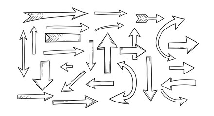 Collection of hand drawn sketch arrows and directional symbols in black and white on white background