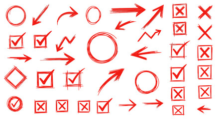 Collection of red hand drawn checkmarks x marks circles arrows and squares on white background