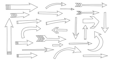 Collection of hand drawn arrow icons and symbols in various styles and directions on white background