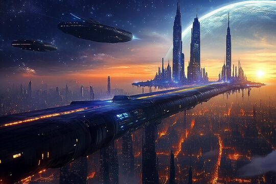 Futuristic spaceship hovering above alien planet with surreal skyline and stars in night sky, generative ai space landscape - Powered by Adobe