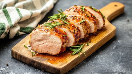 Deliciously Seared Meat Slices with Fresh Herbs on Wooden Board