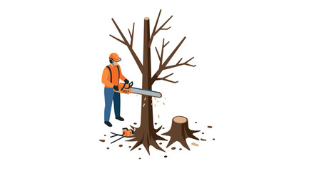 Isometric lumberjack using chainsaw to cut tree in forest