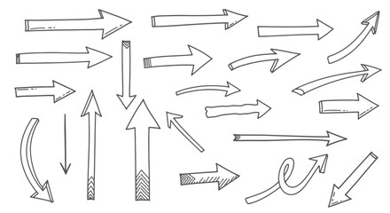 Collection of hand drawn sketch arrows in various styles and directions for design elements