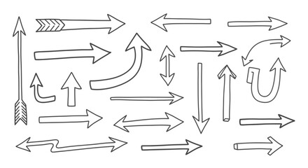Collection of hand drawn arrows in various styles and directions on a white background