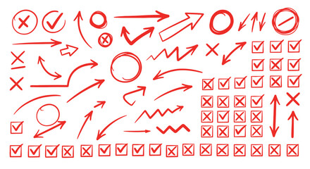 Collection of hand drawn red checkmarks crosses circles arrows and wavy lines on white background