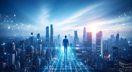 Obraz premium A man in a suit stands in a futuristic city with glowing grid lines
