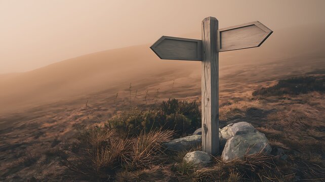 Blank Wooden Signpost on a Prairie Mountain Landscape