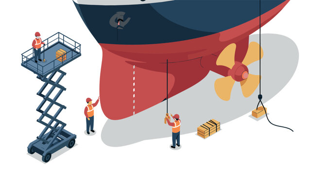 Workers inspecting ship hull on dock with crane platform in isometric harbor scene