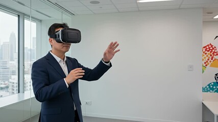 Man in suit wears VR headset, touching virtual space in bright, modern office