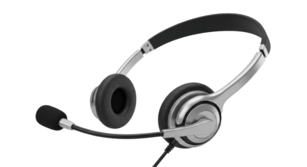 A silver and black headset with a microphone on a white background.