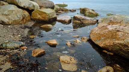 Rocky Shoreline with Calm Water and Seaweed at Low Tide