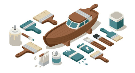 Isometric boat building and painting tools set in neutral tones