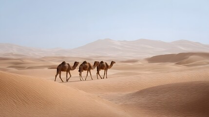 A caravan of three camels walks across vast golden sand dunes stretching towards a hazy horizon in a serene desert landscape