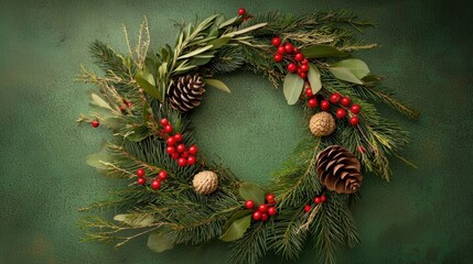 Festive Christmas Wreath with Pinecones and Red Berries on Green Background