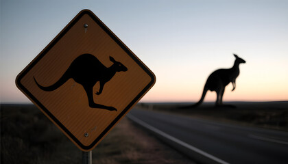Kangaroo crossing road sign with silhouette of kangaroo at dusk  