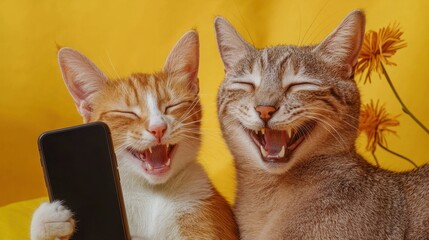 Happy Cats with Smartphone and Bright Yellow Background
